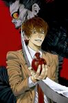  2boys apple black_hair brown_eyes brown_hair death_note earrings fangs food fruit highres jewelry multiple_boys necktie red_background ryuk shinigami simple_background t5rch weapon yagami_light 
