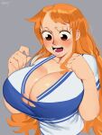  1girl absurdres blue_shirt breasts cleavage grey_background highres huge_breasts long_hair looking_down nami_(one_piece) nezulet one_piece orange_hair shirt standing striped striped_shirt torn_clothes upper_body wardrobe_malfunction white_shirt 