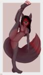  2021 absurd_res aged_up anthro anus big_tail black_hair black_nose black_sclera border brown_pubes butt canid canine chest_tuft demon dipstick_tail female flexible fox front_view full-length_portrait genitals hair hi_res highlights_(coloring) holding_leg holding_leg_up kamora looking_at_viewer mammal markings navel nipples nude one_leg_up outside_border pawpads pink_nipples pink_pawpads plantigrade portrait pubes pussy raised_leg red_eyes red_highlights rexsatou simple_background smile solo splits spread_legs spreading standing tail_markings tan_background tuft vertical_splits white_border 