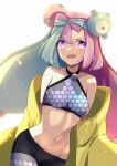  1girl 3miril armpits bare_shoulders bow bow-shaped_hair breasts character_hair_ornament coat commentary_request crop_top groin hair_bow hair_ornament hexagon_print highres iono_(pokemon) large_breasts long_hair looking_at_viewer low-tied_long_hair magnemite midriff multicolored_hair navel open_clothes open_coat oversized_clothes pokemon pokemon_(game) pokemon_sv purple_eyes sharp_teeth shorts simple_background solo stomach teeth very_long_hair very_long_sleeves x yellow_coat 