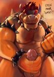  anthro balls biceps bodily_fluids bowser erection genital_fluids genitals humanoid humanoid_genitalia lowemond male mario_bros muscular muscular_anthro muscular_male nintendo nipples nude pecs penis shell simple_background smile solo spikes teeth tongue video_games 