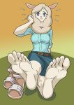  absurd_res alpaca anthro art-2u blue_eyes bottomwear breasts camelid clothed clothing emanata feet female foot_focus footwear fully_clothed fur hi_res humanoid_feet jean legs_cross looking_at_viewer mammal miho_shirakawa_(odd_taxi) pants sandals shirt sitting smile solo topwear white_body white_fur wool_(fur) 