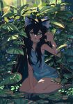  1girl animal_ears bangs bare_shoulders blush breasts cat_girl cleavage dress green_eyes hair_between_eyes highres kgt_(pixiv12957613) long_hair looking_at_viewer open_mouth original outdoors paw_pose plant scenery sitting solo very_long_hair water white_dress 