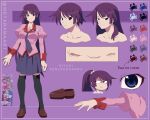  bakemonogatari blue_eyes highres metarama monogatari_(series) pink_uniform purple_hair reference_sheet school_uniform senjougahara_hitagi 