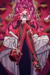  1girl absurdres bare_shoulders boots breasts center_frills chair crossed_legs dress fairy_knight_tristan_(fate) fate/grand_order fate_(series) frills grey_eyes hair_twirling high_heels highres large_breasts lips long_hair on_chair pink_hair pointy_ears red_dress red_footwear shoes shui_xiao solo thigh_boots 