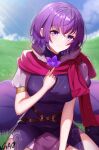  1girl artist_name blush breasts dress fire_emblem fire_emblem:_new_mystery_of_the_emblem flower gao_kawa highres holding holding_flower katarina_(fire_emblem) large_breasts looking_at_viewer purple_dress purple_eyes purple_flower purple_hair scarf short_hair short_sleeves smile solo sunlight zettai_ryouiki 