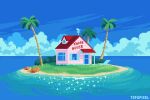  artist_name beach blue_sky building commission day door dragon_ball dragon_ball_(classic) english_commentary english_text grass kame_house no_humans ocean open_window outdoors palm_tree pixel_art rock rooftop sky tofupixel tree water window 