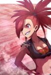  1girl bangs breasts cleavage collarbone flannery_(pokemon) hair_over_one_eye hand_on_hip highres kotobukkii_(yt_lvlv) long_hair looking_to_the_side midriff navel pokemon pokemon_(game) pokemon_oras red_eyes red_hair smile solo teeth upper_body 