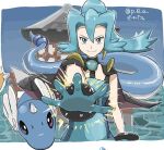  1girl bangs black_cape black_choker blue_eyes blue_hair bodysuit cape choker clair_(pokemon) closed_mouth commentary_request dragonair earrings floating_cape gloves hair_between_eyes jewelry long_hair looking_at_viewer outstretched_hand p_0_a pokemon pokemon_(creature) pokemon_(game) pokemon_hgss ponytail smile solo spread_fingers tooth_earrings twitter_username two-tone_bodysuit 