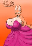  anthro big_breasts big_butt breasts butt canid canine clothed clothing diane_foxington dreamworks dress female fluffyglitch fox fur hi_res huge_breasts lipstick looking_at_viewer makeup mammal orange_body orange_fur piercing simple_background smile solo the_bad_guys wide_hips 