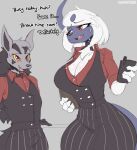  absol anthro biped blue_body breasts cleavage clothed clothing cooliehigh dialogue duo female generation_3_pokemon grey_body hi_res male mightyena nintendo open_mouth pokemon pokemon_(species) red_eyes simple_background video_games white_body 