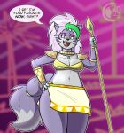  anthro armor bottomwear breasts butt canid canine canis chocend clothing eyeliner female five_nights_at_freddy&#039;s five_nights_at_freddy&#039;s:_security_breach green_hair hair jewelry krystal&#039;s_staff makeup mammal necklace roxanne_wolf_(fnaf) scottgames skirt thick_thighs video_games wolf 