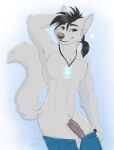  abs absurd_res anthro athletic balls bedroom_eyes canid canine clothed clothing flaccid fox fur gem genitals grey_body grey_fur hair hi_res humanoid_genitalia humanoid_penis jewelry kwik_(artist) looking_at_viewer male mammal narrowed_eyes necklace no_underwear pecs penis ponytail pubes pulling_pants_down red_fox seductive segah_(dizzyvixen) shirtless silver_fox smile solo 