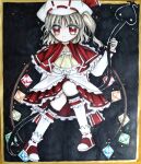  1girl absurdres adapted_costume ascot black_background blonde_hair buttons capelet center_frills closed_mouth crystal dark_background flandre_scarlet frilled_ascot frilled_capelet frilled_skirt frilled_socks frills full_body highres holding holding_polearm holding_weapon laevatein_(touhou) looking_at_viewer marker_(medium) medium_hair multicolored_wings polearm red_capelet red_eyes red_footwear red_skirt shirt shoes side_ponytail simple_background skirt socks solo touhou traditional_media unknown_m_g weapon white_headwear white_shirt white_socks wings yellow_ascot 