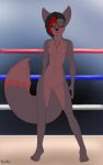  2021 absurd_res aged_up anthro bedroom_eyes black_hair black_nose breasts butt butt_from_the_front canid canine chest_tuft clitoral_hood demon detailed_background dipstick_tail female fighting_ring fluffy fluffy_tail fox front_view full-length_portrait genitals hair half-closed_eyes hand_on_hip hi_res highlights_(coloring) holding_hip kamora looking_at_viewer mammal markings narrowed_eyes navel nipples nude portrait pose pussy red_eyes red_highlights rexsatou seductive small_breasts smile smirk solo standing tail_markings tuft 