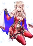  1girl blonde_hair cape dress fina_(ffbe) final_fantasy final_fantasy_brave_exvius flower full_body hair_flower hair_ornament hand_on_own_thigh highres kneeling looking_at_viewer navel one_eye_closed open_mouth red_dress red_thighhighs solo starry_sky_print tarutaru_yamaoka teeth thighhighs upper_teeth white_background white_cape white_footwear 