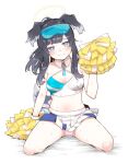  1girl animal_ears arm_up bangs bare_arms bare_legs bare_shoulders black_hair blue_archive blue_eyes blush breasts cheerleader cleavage crop_top dog_ears dog_girl dog_tail eyewear_on_head goggles goggles_on_head halo hibiki_(blue_archive) hibiki_(cheerleader)_(blue_archive) highres holding holding_pom_poms kneeling long_hair looking_at_viewer medium_breasts midriff miniskirt mmmz920 navel official_alternate_costume panties pleated_skirt pom_pom_(cheerleading) sitting skirt smile solo spread_legs sunglasses sweat tail thighs underwear white_background white_skirt 