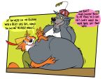  2022 absurd_res anthro belly belly_hug belly_pat big_belly canid canine canis clothing dialogue disney duo fangs feather_hat fox fur grey_body grey_fur hand_on_face hat headgear headwear hi_res holding_belly looking_at_another looking_at_viewer male mammal obese obese_anthro obese_male open_mouth overweight overweight_anthro overweight_male patting patting_belly red_body red_fur remmyfox robin_hood robin_hood_(disney) sheriff_of_nottingham shirt smile smiling_at_viewer speech_bubble talking_to_viewer tank_top teeth text tongue topwear wolf 