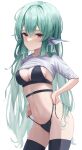  1girl absurdres alternate_costume bangs belt black_bra black_panties black_thighhighs bra breasts cleavage closed_mouth clothes_lift cowboy_shot finana_ryugu fish_girl green_hair hair_between_eyes head_fins high_belt highres long_hair looking_at_viewer medium_breasts navel nijisanji nijisanji_en panties parted_hair purple_eyes shirt shirt_lift side-tie_panties sidelocks simple_background solo thighhighs underwear untied untied_panties very_long_hair virtual_youtuber vivid_(vividusss) white_background white_shirt 