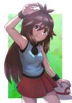  1girl arm_up armpits bangs black_wristband brown_eyes brown_hair cowboy_shot hair_between_eyes hat hat_removed headwear_removed highres holding holding_clothes holding_hat kotobukkii_(yt_lvlv) leaf_(pokemon) long_hair looking_at_viewer pokemon pokemon_(game) pokemon_frlg red_skirt shirt skirt sleeveless sleeveless_shirt smile solo wristband 