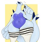  absurd_res ambiguous_gender anthro belly bottom_heavy cellphone clothing generation_1_pokemon hi_res huge_hips huge_thighs lapras legwear navel nintendo phone pokemon pokemon_(species) slightly_chubby solo splashyu thick_tail thick_thighs thigh_highs video_games wide_hips 