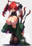  1girl alternate_hairstyle animal_ears braid breasts cat_ears cat_tail choker detached_sleeves dress extra_ears fang green_dress high_heels highres huge_breasts kaenbyou_rin kneeling long_hair looking_at_viewer multiple_tails nekomata nipples red_eyes red_hair simple_background solo speech_bubble tail thighhighs touhou twin_braids white_background wide_sleeves yukito_(dreamrider) 