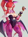  1girl bare_shoulders bat_wings boota_(ttgl) breasts bridal_gauntlets cleavage closed_mouth clothing_cutout cosplay covered_navel demon_girl head_wings highres large_breasts leotard long_hair morrigan_aensland morrigan_aensland_(cosplay) pantyhose print_legwear red_hair scarf smile solo star_cutout tengen_toppa_gurren_lagann ura_dora vampire_(game) wings yellow_eyes yoko_littner 