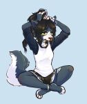  anklet anthro black_hair blue_background blue_body blue_fur bottomwear canid canine canis clothing crossed_legs female fur green_eyes hair hi_res jewelry malta_(arnhem) mammal ponytail poppypeets shorts simple_background sitting solo tying_hair white_body white_fur wolf 