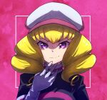  1girl bangs blonde_hair domino_(pokemon) drill_hair gloves hat kotobukkii_(yt_lvlv) long_hair looking_at_viewer pokemon pokemon_(anime) pokemon_(classic_anime) purple_eyes smile solo team_rocket team_rocket_uniform upper_body white_gloves white_headwear 