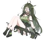  1girl absurdres apex_legends black_gloves boots breasts cowlick d-101_longbow foregrip gloves green_footwear green_hair green_shirt green_shorts gun headset high-waist_shorts highres long_hair medium_breasts one_eye_closed open_mouth personification qiu_ri rifle shirt shirt_tucked_in shorts sitting sniper_rifle solo very_long_hair weapon white_background yawning 