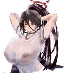  1girl armpit_stubble arms_behind_head arms_up black_choker black_hair blue_archive breasts choker emino_meika gym_uniform hair_between_eyes halo hasumi_(blue_archive) hasumi_(gym_uniform)_(blue_archive) highres large_breasts long_hair mole mole_under_eye nipple_slip nipples official_alternate_costume red_eyes see-through shirt solo sportswear sweat white_background white_shirt 