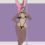  absurd_res anthro areola areola_slip bell belladonna_(prismatic_wolf) bikini bite_mark choker clothed clothing eye_scar facial_scar female hair hi_res jewelry lagomorph leporid looking_away mammal mostly_nude necklace pink_hair pole prismatic_wolf rabbit red_eyes scar skimpy solo swimwear 