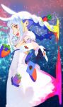  :d animal_ears blue_background braid card carrot_hair_ornament dress food-themed_hair_ornament hair_ornament highres hololive looking_at_viewer pako_(pakosun) rabbit_ears rabbit_tail smile starry_background tail twin_braids usada_pekora white_dress white_hair yellow_eyes 