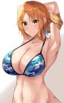  1girl alternate_breast_size amagi_korona armpits bangs bikini blue_bikini breasts camouflage camouflage_bikini cleavage collarbone commentary constricted_pupils forehead grin highres huge_breasts looking_at_viewer nami_(one_piece) navel one_piece orange_hair parted_bangs parted_lips shirt short_hair simple_background smile solo swimsuit undressing upper_body wide_hips yellow_eyes yellow_shirt 