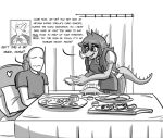  ankylosaurian ankylosaurid ankylosaurus anon_(snoot_game) anthro apron bald bed bedroom blinds christian_symbol christianity clothed clothing dialogue dinosaur duo english_text facial_horn featureless_face female food furniture goodbye_volcano_high hair half-closed_eyes horn human humanoid long_hair male mammal monochrome narrowed_eyes ornithischian picture_frame pillow raptor_jesus religion reptile rosa_(gvh) scalie seven_(artist) snoot_game_(fan_game) spiked_tail spikes spikes_(anatomy) text thyreophoran video_games 