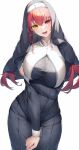  1girl alternate_costume aoi_gorilla arm_under_breasts black_dress blush breasts commentary covering covering_crotch cowboy_shot dress furrowed_brow habit hair_between_eyes heterochromia highres hololive houshou_marine large_breasts long_hair long_sleeves looking_at_viewer nun open_mouth red_eyes red_hair simple_background solo standing symbol-only_commentary taut_clothes taut_dress twintails veil yellow_eyes 