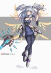  1girl bird_girl blue_eyes breasts chascoby cleavage grey_hair head_wings highres holding holding_staff long_hair medium_breasts melia_antiqua solo staff thighhighs wings xenoblade_chronicles_(series) xenoblade_chronicles_3 