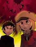  2boys black_hair blonde_hair bow bowtie damien_thorn fire green_fire grey_bow grey_bowtie grey_eyes hat hell jacket male_focus multiple_boys phillip_pirrup red_eyes red_jacket south_park tsunoji v-shaped_eyebrows 