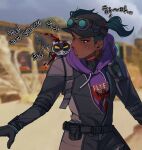  1boy 1girl apex_legends balisong baseball_cap belt black_belt black_bodysuit black_headwear blood blood_on_clothes blood_spray blue_hair blurry blurry_background bodysuit brown_eyes butterfly_knife_(apex_legends) dark-skinned_female dark_skin drawstring eyeshadow goggles goggles_on_headwear harabeoji hat helmet holding holding_knife hood hood_down hoodie in-universe_location knife korean_commentary korean_text lifeline_(apex_legends) looking_down makeup miniboy mischief_medic_lifeline motorcycle_helmet octane_(apex_legends) official_alternate_costume parted_lips purple_hoodie red_eyeshadow short_twintails solo_focus the_victory_lap_octane translation_request twintails v-shaped_eyes walkie-talkie 