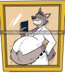  2022 absurd_res anthro belly belt big_belly bottomwear canid canine canis cellphone clenched_teeth clothed clothing dreamworks fangs fur half-closed_eyes hand_behind_back hi_res holding_cellphone holding_object holding_phone looking_at_viewer male mammal mirror mirror_selfie mr._wolf_(the_bad_guys) narrowed_eyes necktie overweight overweight_anthro overweight_male pants phone raised_tail remmyfox selfie smile smiling_at_viewer snapchat solo teeth text the_bad_guys wolf yellow_eyes 