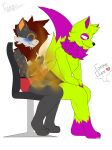  absurd_res anthro black_nose blue_blush blue_eyes bodily_fluids canid canine chair clothing colored duo erection eyes_closed fart fart_cloud fart_fetish farting_on_dick fox fur furniture game_over gameplay_mechanics gaming genital_fluids green_body green_fur grey_body grey_fur hi_res hybrid leaking_precum line_art luwis_miracle male male/male mammal neck_tuft onomatopoeia precum purple_body purple_fur relieved simple_background sitting smile sound_effects text toxyc toxyc_(toxyc) tuft underwear white_background 
