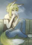  1girl animal_ears bangs barefoot black_tank_top blonde_hair breasts commentary_request couch cup denim fox_ears fox_girl fox_tail highres holding holding_cup jeans medium_breasts mug nito_(nshtntr) off_shoulder original pants short_hair_with_long_locks sidelocks sitting solo steam tail tank_top thick_eyebrows yellow_eyes 