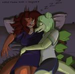  ankylosaurian anthro bed bodily_fluids bottomwear clothed clothing dinosaur drooling duo embrace english_text eyes_closed facial_horn female furniture goodbye_volcano_high green_hair hair horn hotpants hug long_hair long_snout multicolored_body open_mouth orange_body ornithischian oversized_shirt pillow red_hair reptile rosa_(gvh) saliva scalie shorts sleeping sleeping_together snoot_game_(fan_game) snout sound_effects spiked_tail spikes spikes_(anatomy) stegosaurian stegosaurus stella_(gvh) text thyreophoran two_tone_body unknown_artist video_games yellow_body zzz 