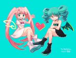  2girls aqua_eyes black_dress black_footwear boots borrowed_character commentary_request crossed_arms crossed_legs dress drill_hair green_hair grin heart long_hair multiple_girls original pink_hair red_eyes short_dress smile translation_request tsunoji twin_drills twintails very_long_hair waving white_dress white_footwear 