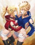  2girls ahoge anger_vein artoria_pendragon_(fate) artoria_pendragon_(lancer)_(fate) bangs blonde_hair blush braid breast_grab breasts choker closed_eyes detached_collar detached_sleeves fate/apocrypha fate/grand_order fate_(series) french_braid grabbing green_eyes groping hair_between_eyes hair_ornament hair_scrunchie highres hood hoodie large_breasts long_hair long_sleeves mordred_(fate) mordred_(fate/apocrypha) mother_and_daughter multiple_girls navel parted_bangs ponytail pout puffy_cheeks red_scrunchie revision scrunchie short_shorts shorts sidelocks small_breasts thighhighs thighs tonee white_shorts wince 