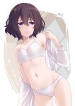  1girl absurdres black_hair breasts closed_mouth highres levana_violette_(lusan666) long_sleeves lusan666 medium_hair navel open_clothes open_shirt original panties purple_eyes shirt small_breasts stomach stomach_day underwear white_panties white_shirt 