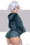  1girl ahoge artist_name bad_id bad_twitter_id bluefield breasts colored_eyelashes dolphin_shorts green_hoodie green_shorts grey_hair gundam gundam_suisei_no_majo highres hood hoodie looking_at_viewer medium_breasts secelia_dote short_hair shorts skindentation smile solo tan thighhighs thighs twitter_username white_background 