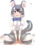  1girl :d animal_ear_fluff animal_ears bangs between_legs blue_bow blue_bowtie bow bowtie brown_eyes chinchilla_(kemono_friends) commentary_request grey_hair grey_shorts hand_between_legs highres juliet_sleeves kemono_friends long_sleeves looking_at_viewer multicolored_hair open_mouth pantyhose pantyhose_under_shorts puffy_sleeves shirt short_hair shorts simple_background sitting smile solo spread_legs tail thin_(suzuneya) two-tone_hair white_background white_hair white_pantyhose white_shirt 