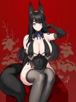  1girl animal_ears arm_up bangs bare_shoulders bell black-haired_fox_girl_(hayabusa) black_gloves black_hair black_tail black_thighhighs blue_eyes blue_ribbon blush breast_curtains breasts china_dress chinese_clothes cleavage closed_mouth commentary covered_navel cropped crossed_ankles dress elbow_gloves floral_background fox_ears fox_girl fox_tail full_body gloves hand_in_own_hair hayabusa jingle_bell large_breasts legs long_hair looking_at_viewer mole mole_on_breast mole_under_eye neck_bell original pelvic_curtain red_background revealing_clothes ribbon signature sitting smile solo swept_bangs symbol-only_commentary tail thick_eyebrows thighhighs 