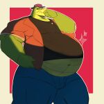  2022 absurd_res alligator alligatorid anthro belly big_belly bottomwear brok_(character) brok_the_investigator clothing crocodilian green_body hat headgear headwear hi_res male obese obese_male overweight overweight_male pants reptile scalie shirt solo tkckid topwear video_games 